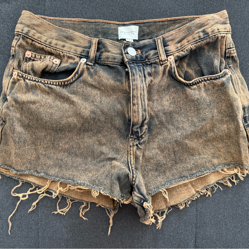 French Connection Black and Tan Frayed Jean Shorts